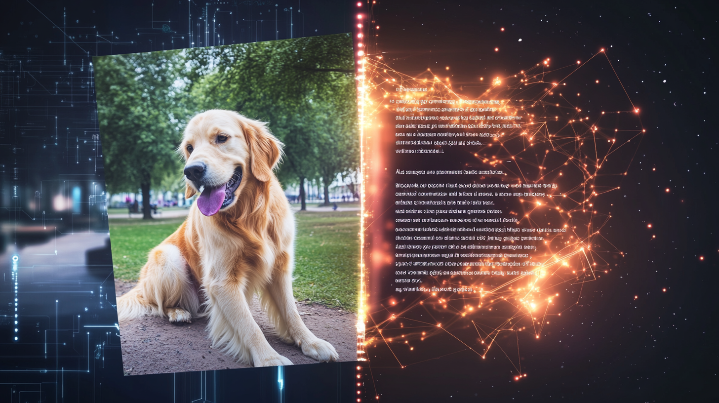 Split image showing a golden retriever playing in a park linked to text description by glowing AI data streams on dark digital background.