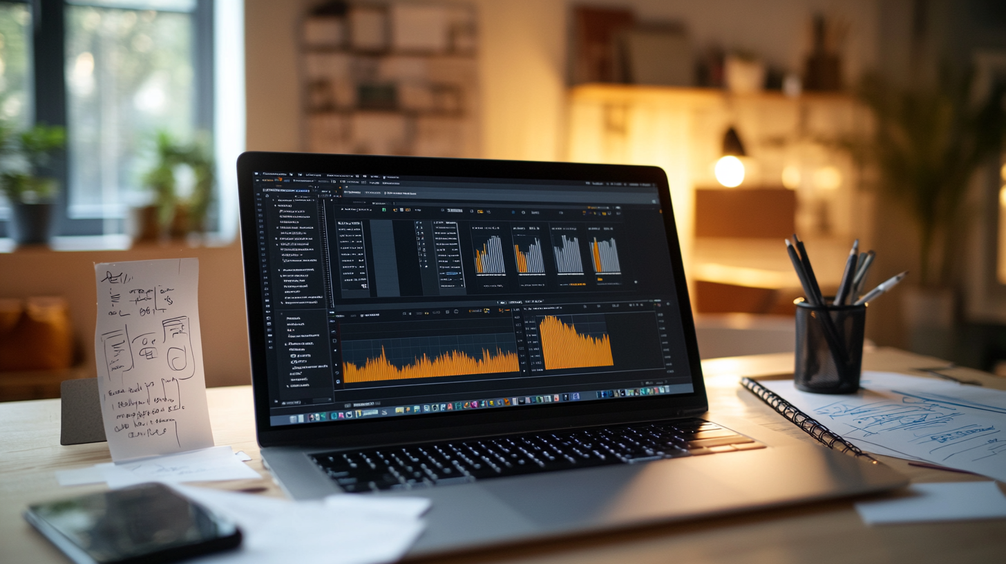 Close-up of a content creator’s desk with laptop displaying SEO analytics and image editing software, surrounded by notes on semantic alignment.