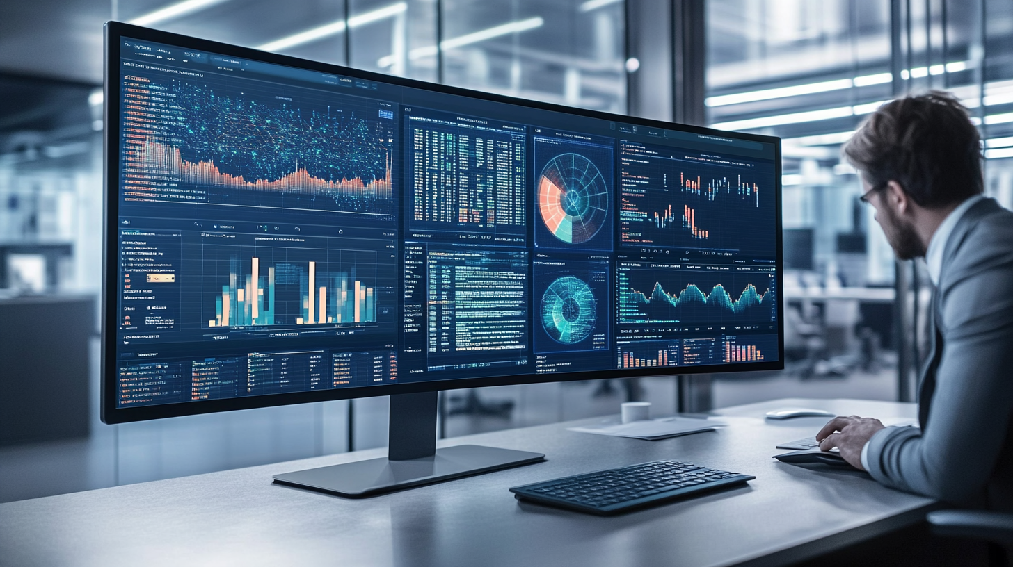 Professional analyzing AI SEO audit data on large monitor displaying image and text embeddings with similarity graphs.