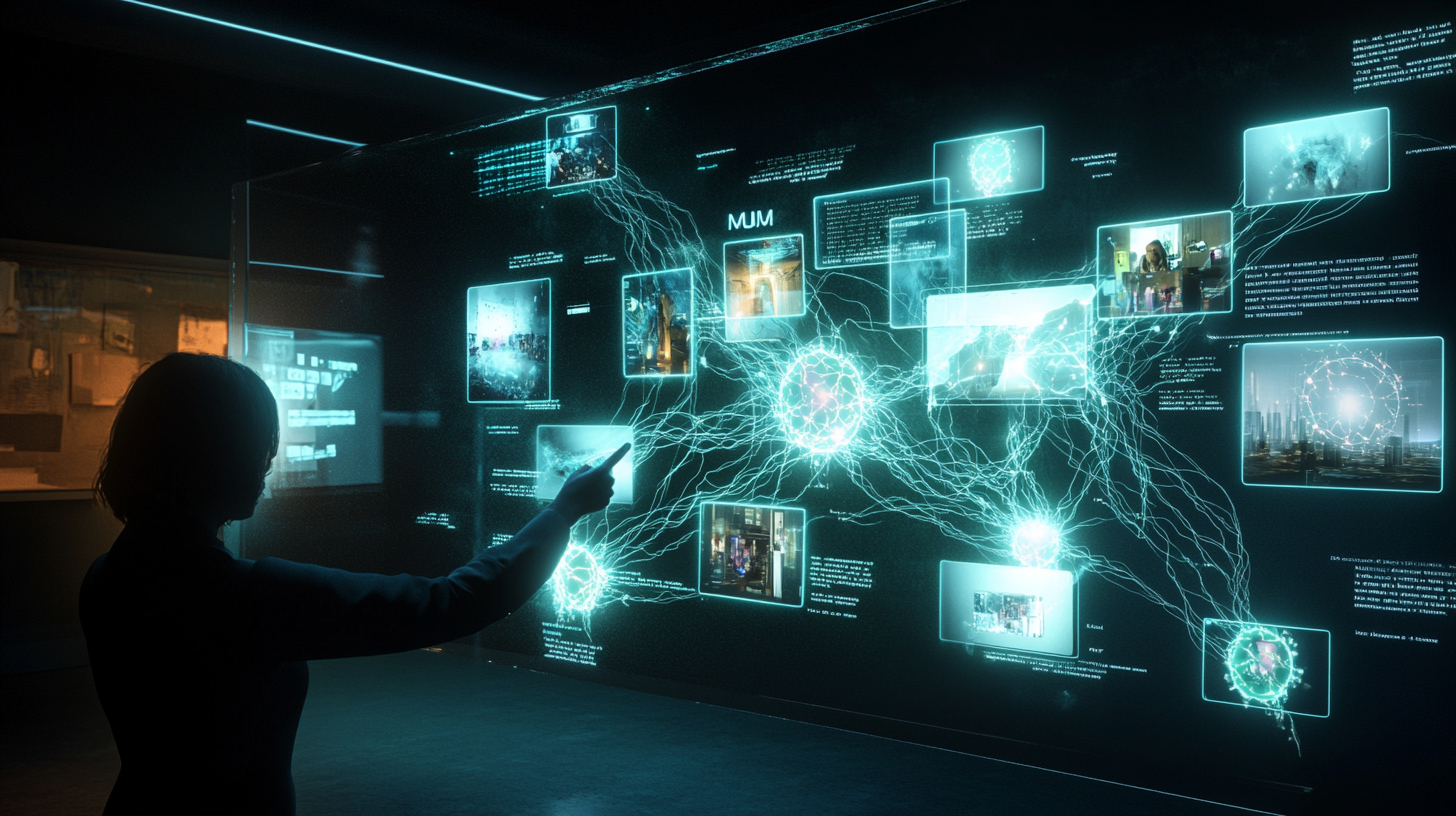 Futuristic digital interface of Google MUM AI with glowing neural pathways, images, text, and video thumbnails in dark room.
