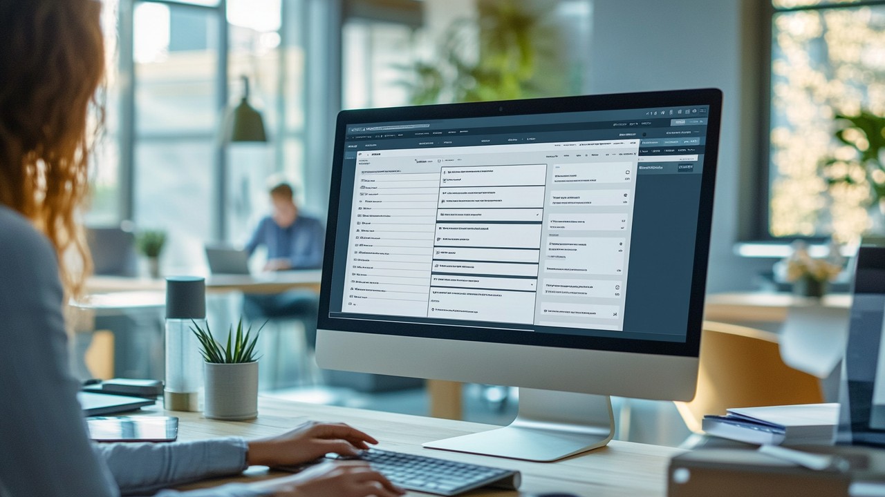 Close-up of a computer screen displaying WordPress backend with custom fields for 3D model uploads, in a modern office setting.