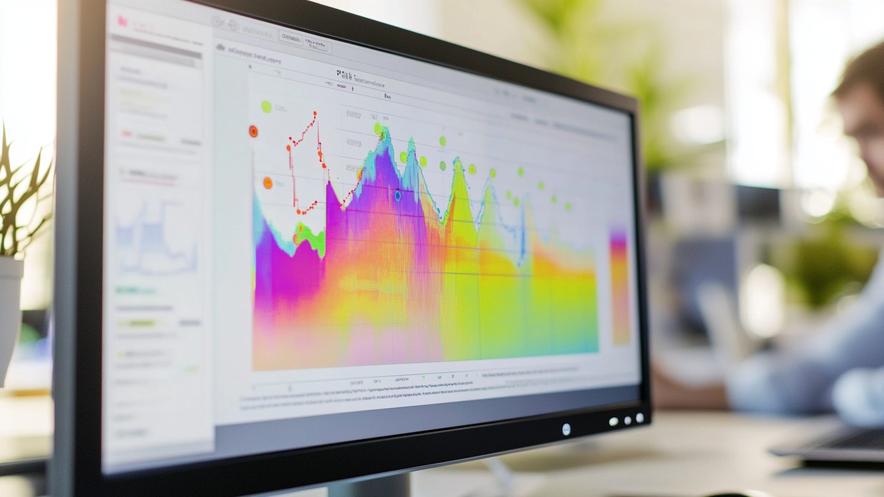 Zbliżenie ekranu komputera z kolorowym heatmapą śledzenia wzroku na stronie internetowej, badanie uwagi użytkowników w nowoczesnym biurze.
