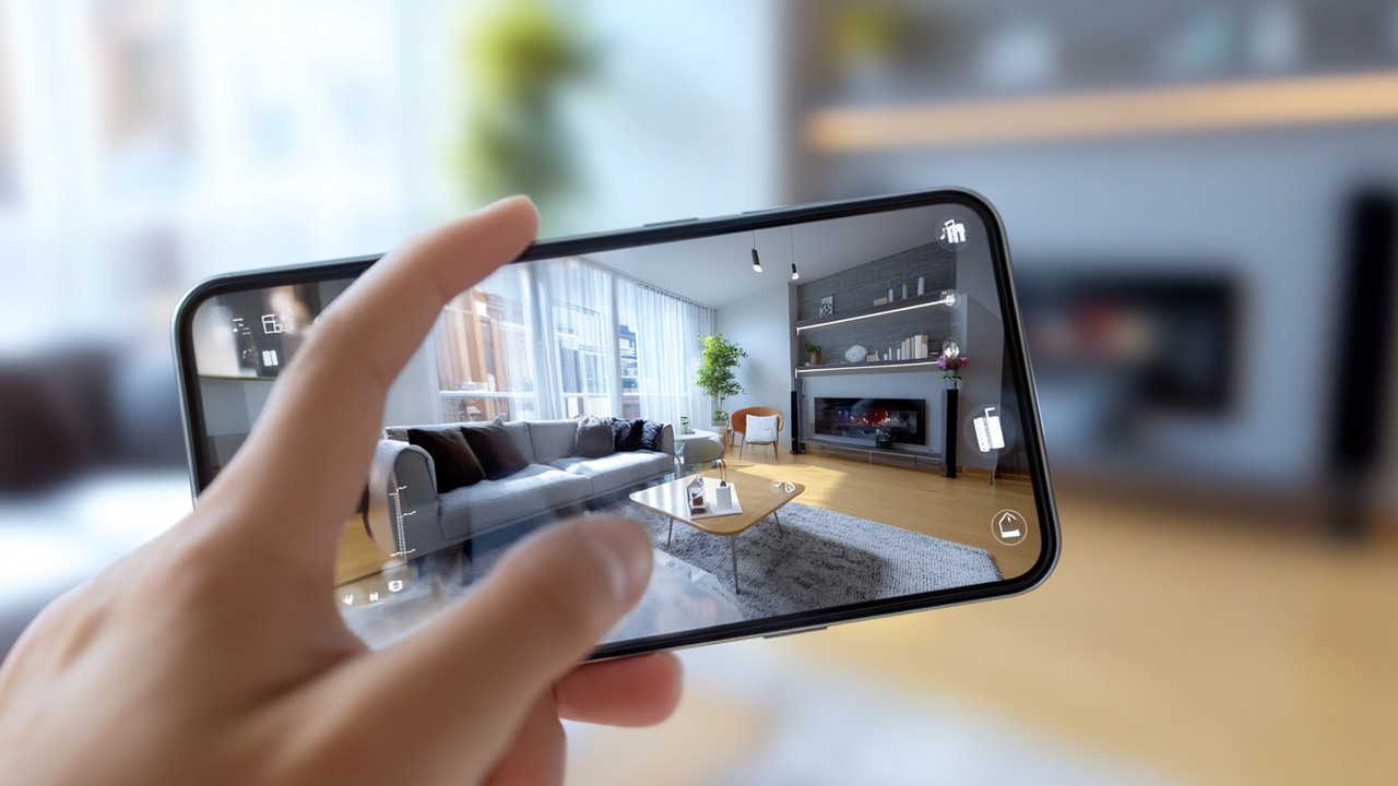 Close-up of hand using touch gestures on smartphone with 3D product model, demonstrating responsive AR interactions in a modern living room.