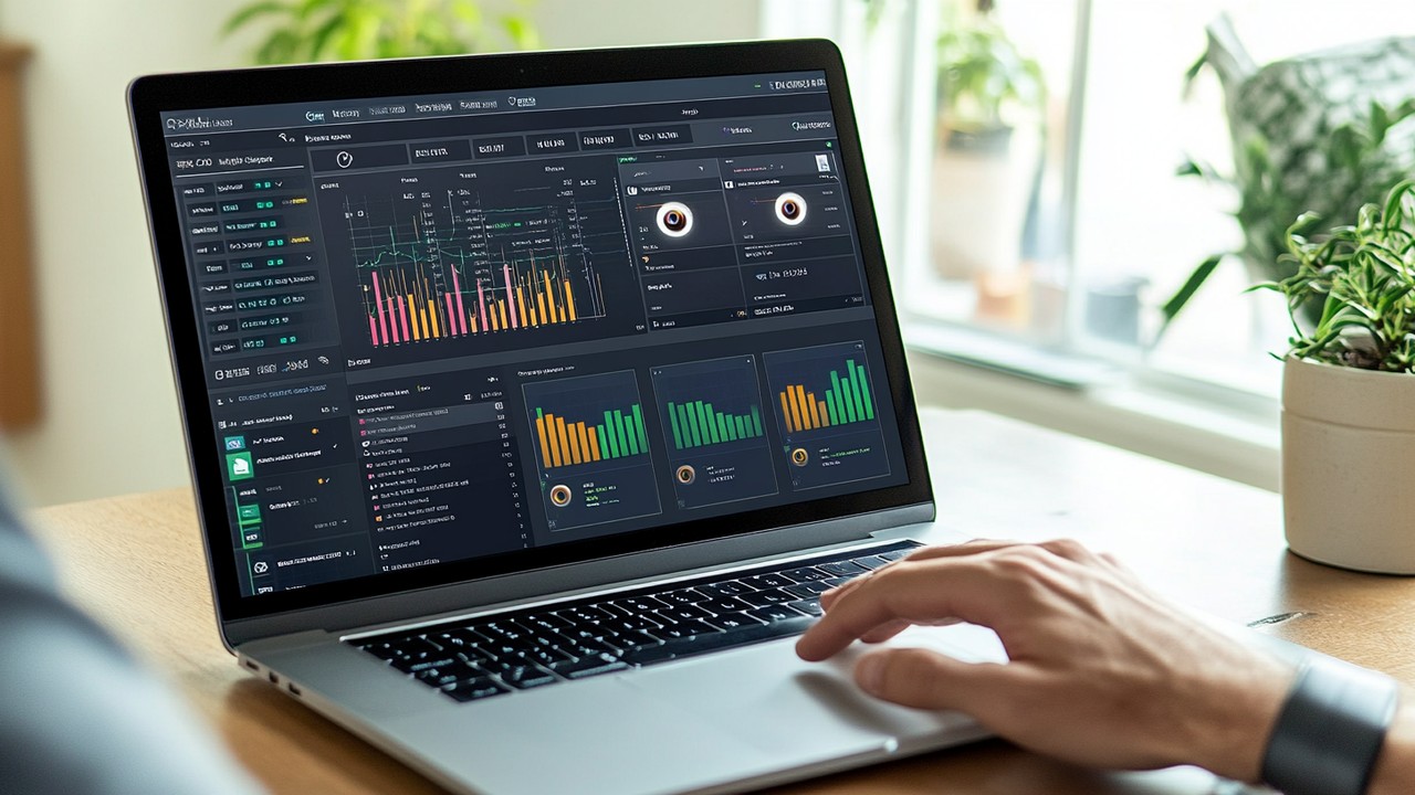 Programista pracujący na laptopie w domowym biurze, tworzący plugin WordPress z technologią śledzenia wzroku i wizualizacjami danych.
