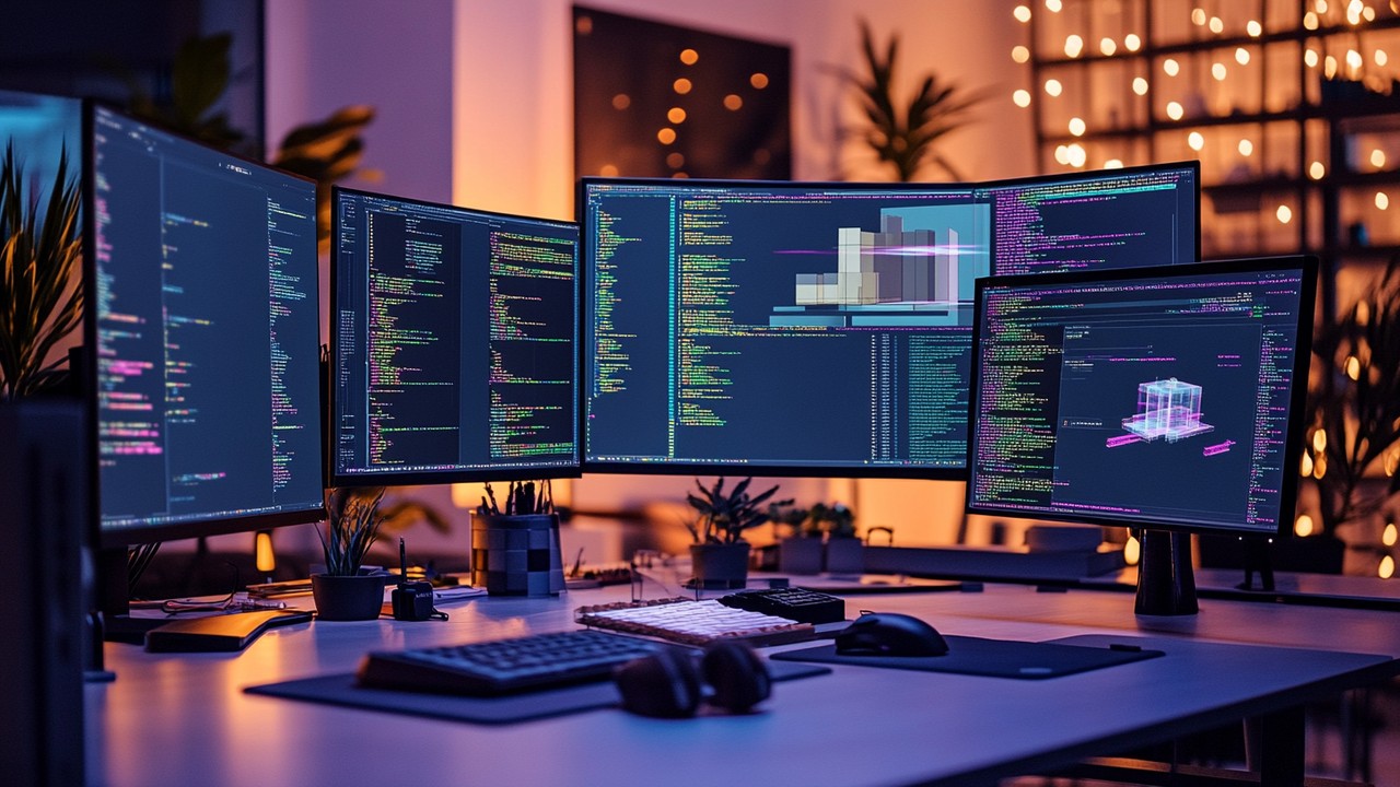 Developer’s workstation with multiple screens showing code and a React Three Fiber 3D product model with interactive rotation and zoom controls in a tech environment.