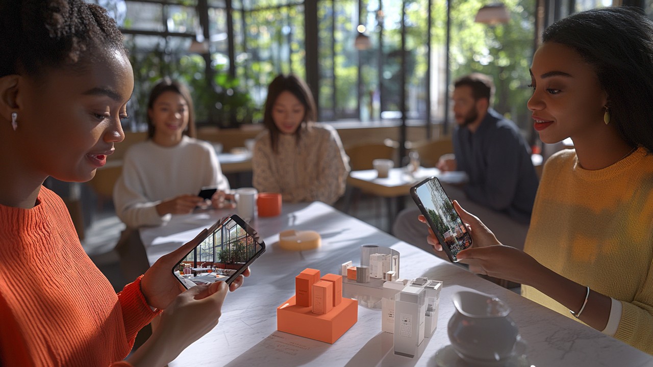 Diverse group using smartphones and tablets to view interactive 3D product models in various environments, showcasing mobile AR catalog.
