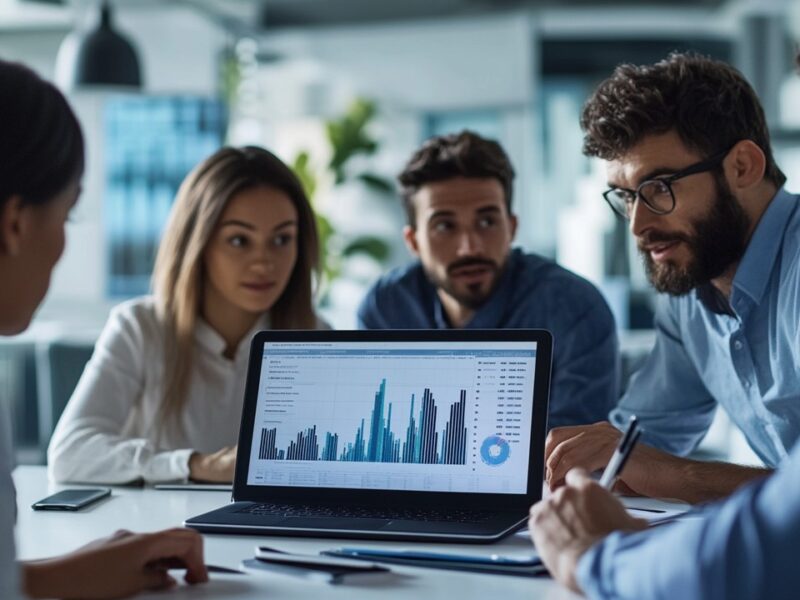 Modern diverse team collaborating around a laptop with data charts and graphs in a sleek, well-lit office, demonstrating advanced analytics.