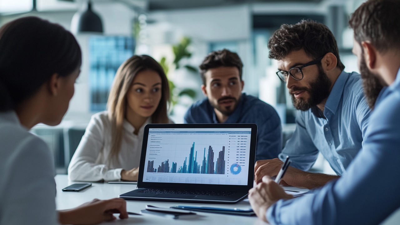 Modern diverse team collaborating around a laptop with data charts and graphs in a sleek, well-lit office, demonstrating advanced analytics.