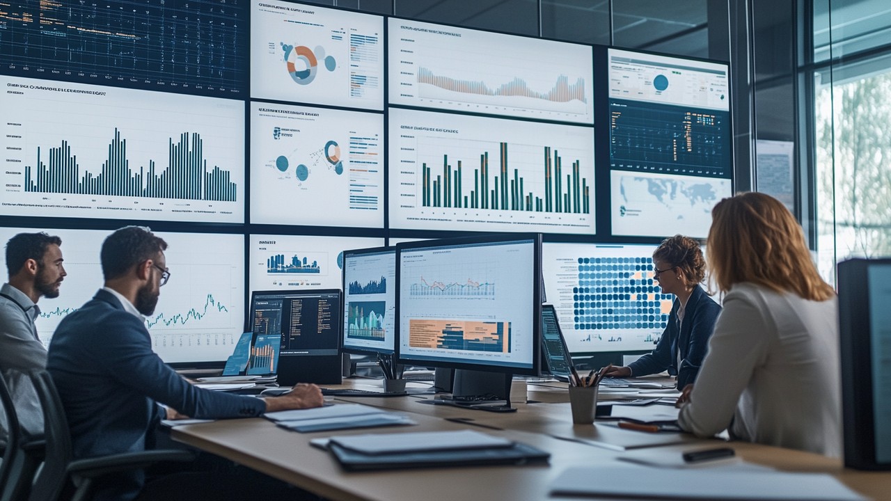 Modern ofis ortamında, çeşitli pazarlama profesyonelleri büyük ekranlarda grafik ve tablolar analiz ederek makine öğrenmesiyle affiliate pazarlama performansını optimize ediyor.