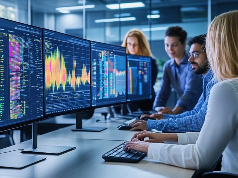 Modern office with diverse professionals analyzing colorful heatmaps and eye-tracking data on large digital screens in a collaborative, well-lit workspace.