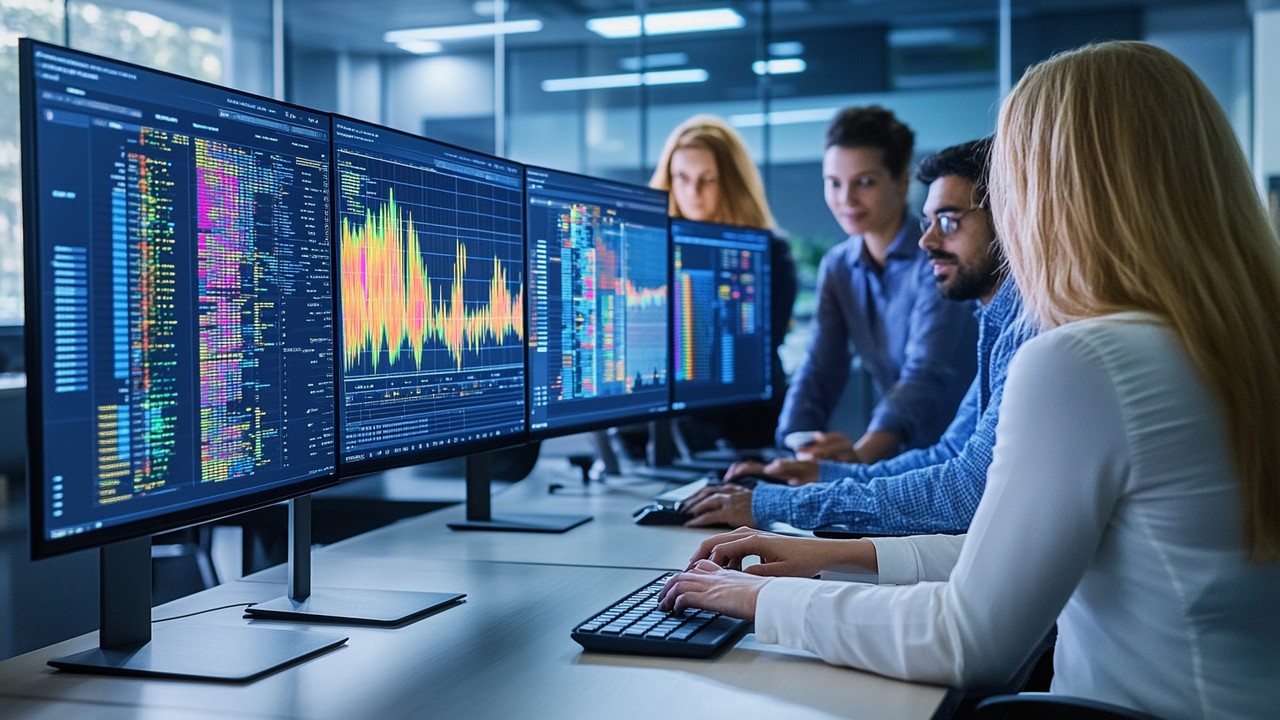 Modern office with diverse professionals analyzing colorful heatmaps and eye-tracking data on large digital screens in a collaborative, well-lit workspace.