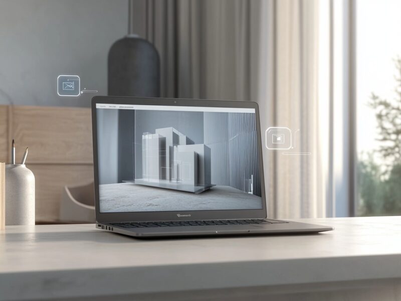 Modern workspace with a sleek laptop displaying 3D product visualization and augmented reality interface elements in a contemporary office setting.