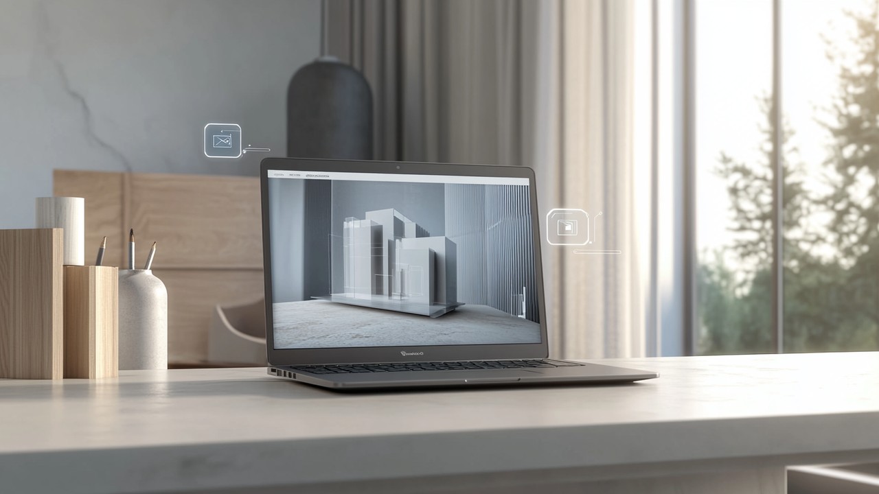 Modern workspace with a sleek laptop displaying 3D product visualization and augmented reality interface elements in a contemporary office setting.