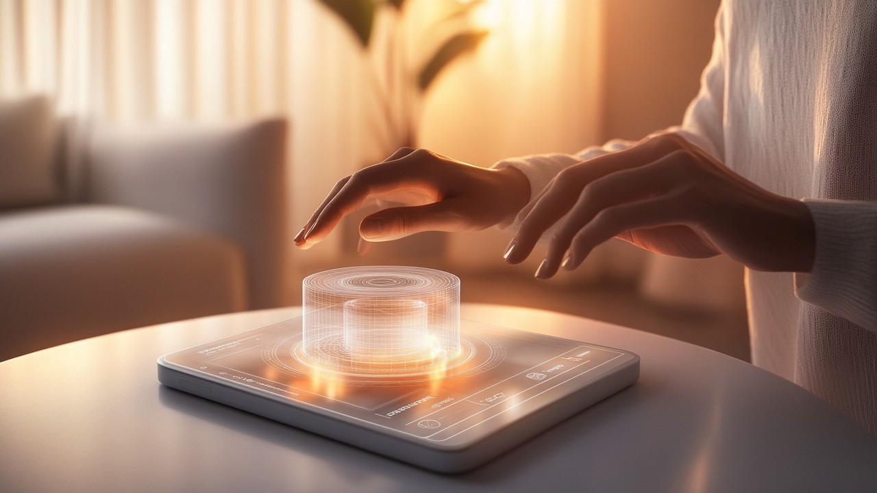 User interacting with a 3D product model on a touchscreen device, using gestures to rotate and zoom in a clean, user-friendly interface.