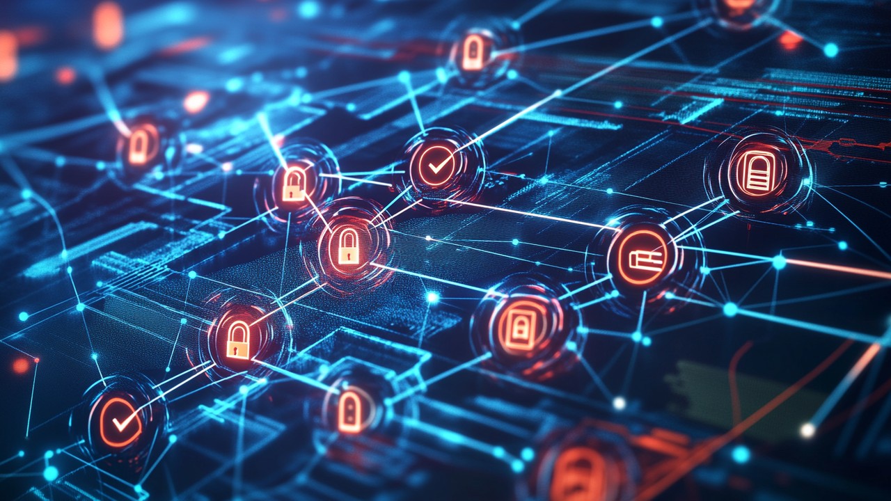 Representação abstrata de segurança cibernética com rede digital, nós interconectados, armadilhas de honeytoken, firewall e ícones de segurança.