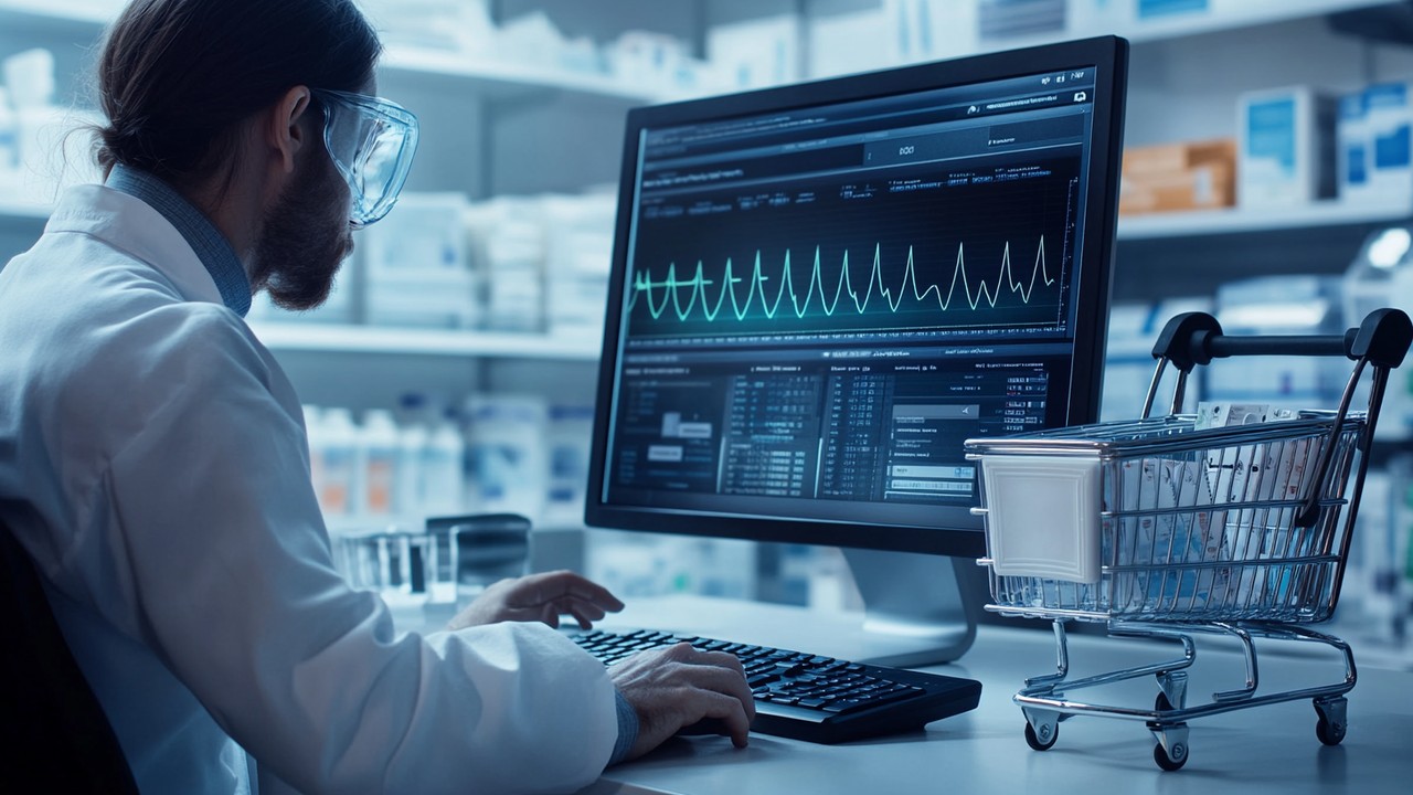 Conceptual image of a scientist analyzing survival curves on a computer with an online shopping cart interface, blending medical research and e-commerce.