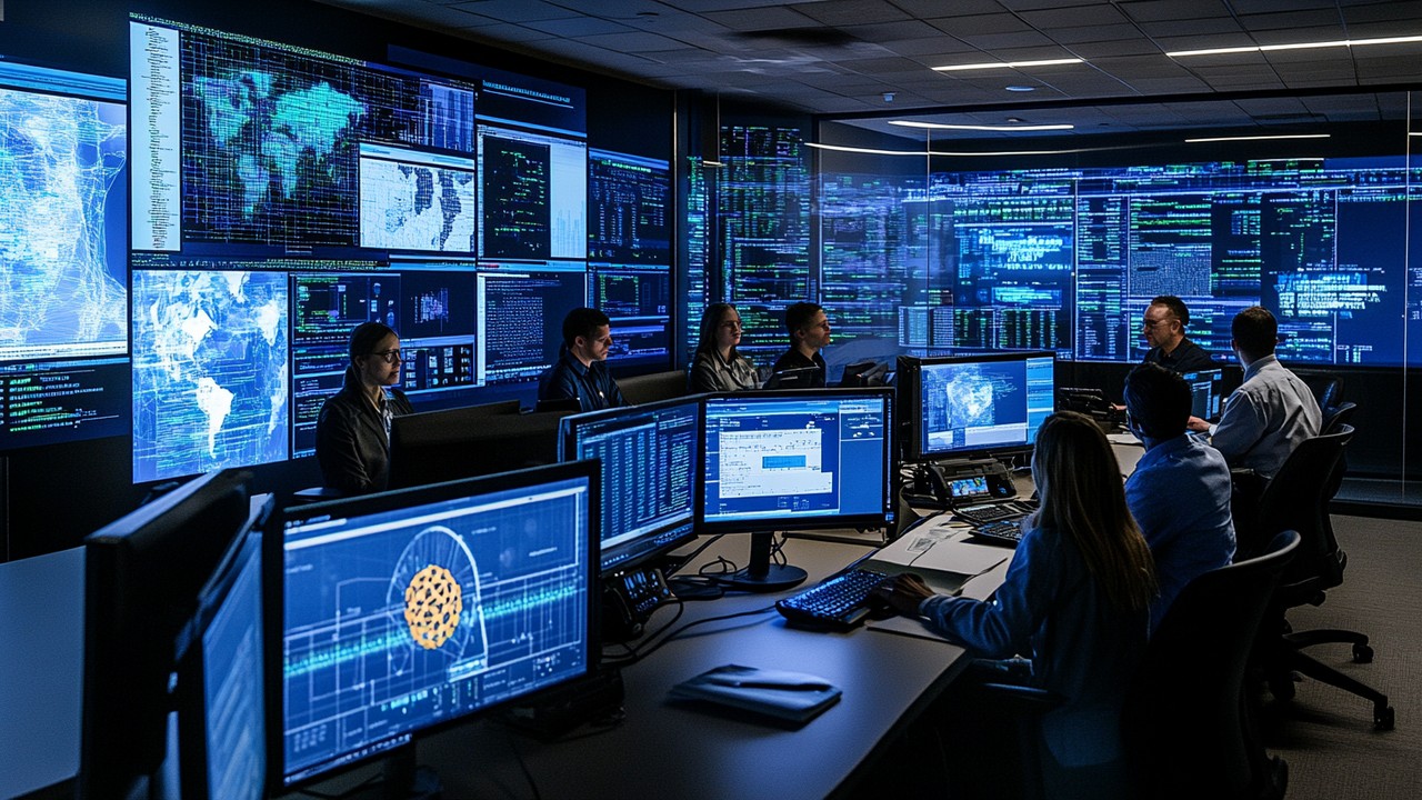 Imagem de um centro de operações de cibersegurança com equipe analisando alertas em tempo real e mapas de rede para detectar ameaças persistentes avançadas.