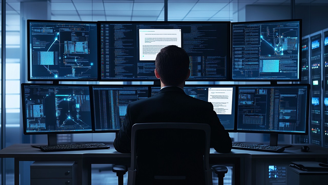Profissional de cibersegurança monitorando telas com atividades de rede e páginas de isca digital em sala de servidores, destacando defesas de honeytoken.