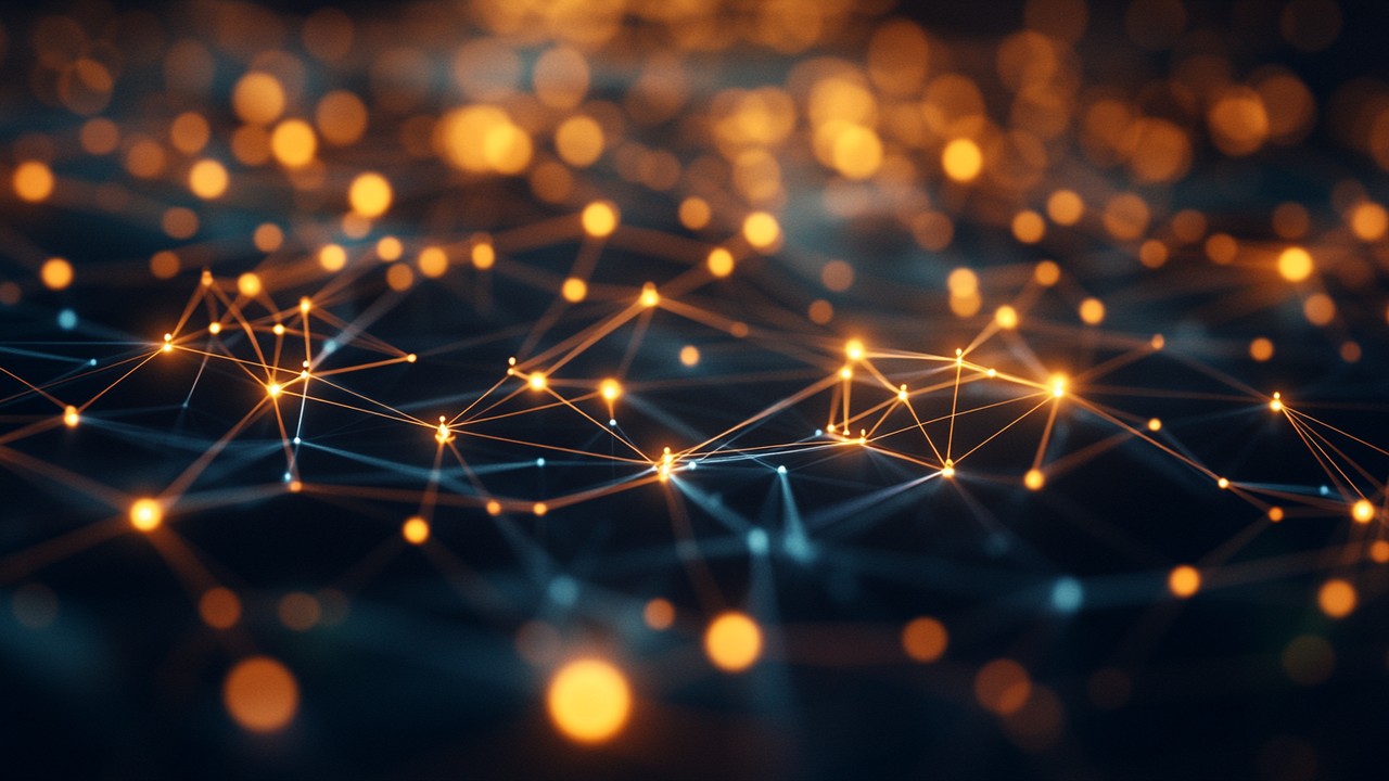 Visualização de um grafo de conhecimento digital com nós interconectados, destacando a estrutura de dados semânticos e inteligência artificial.