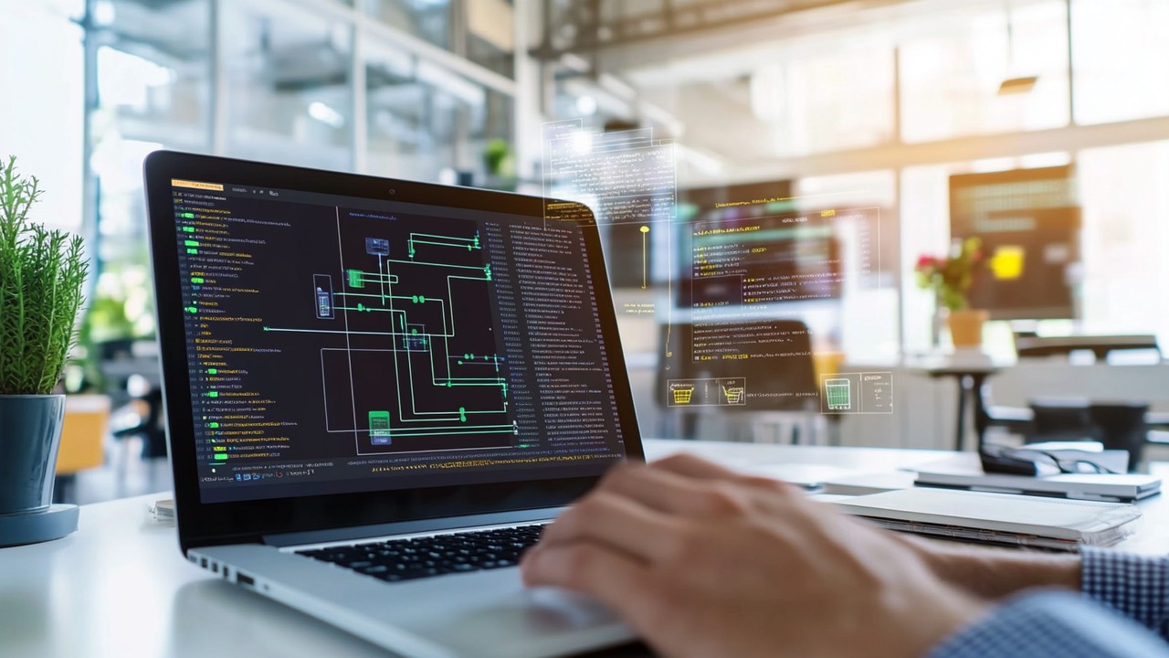 Modern developer working on a laptop with code and data flow diagrams, illustrating WooCommerce webhooks integration and real-time cart abandonment prediction using Python Lifelines library in a bright tech workspace.