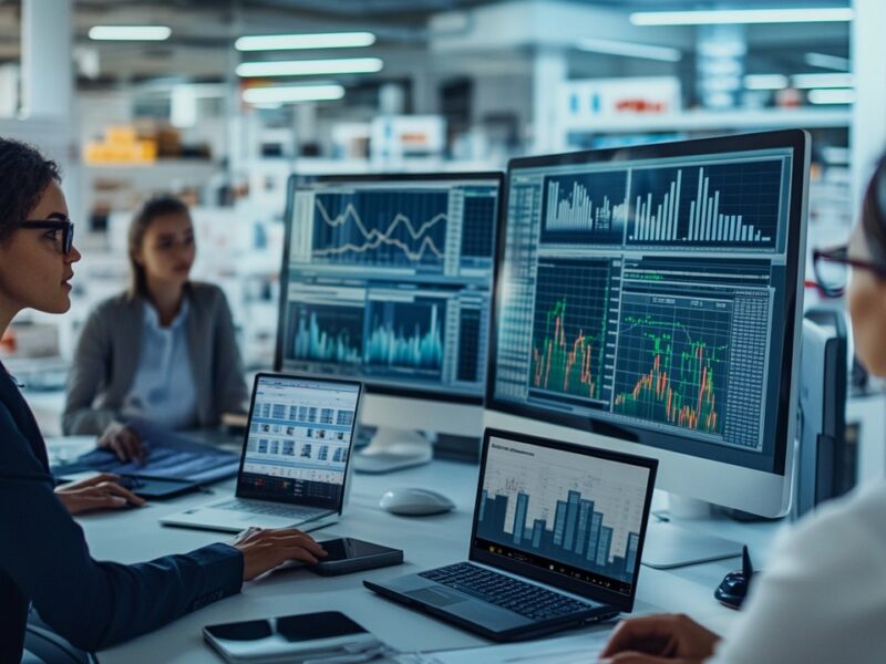 Modern e-commerce office with diverse professionals analyzing data on computer screens showing shopping cart analytics and graphs in a clean, organized workspace.
