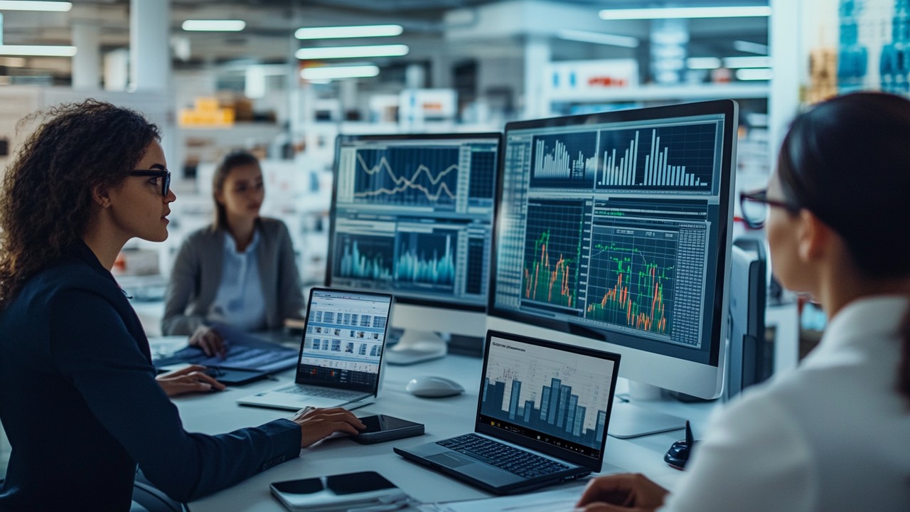 Modern e-commerce office with diverse professionals analyzing data on computer screens showing shopping cart analytics and graphs in a clean, organized workspace.