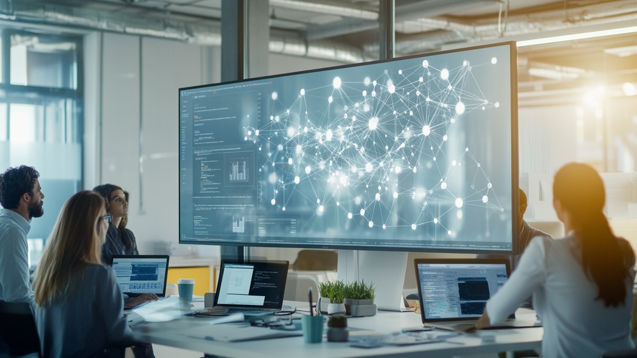 Equipe de marketing digital e especialistas em SEO analisando conexões e relacionamentos semânticos em uma tela moderna de escritório.