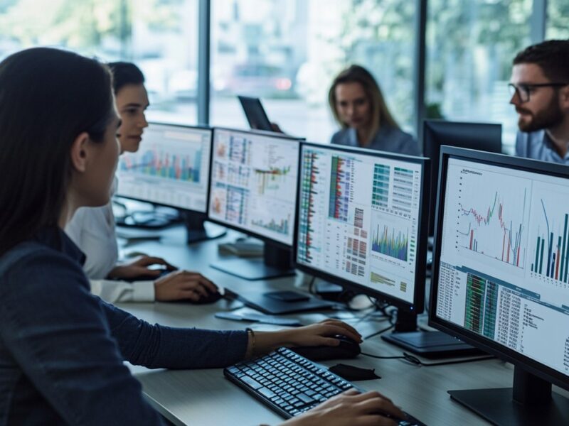 Modern office with diverse professionals analyzing data on multiple computer screens displaying graphs and knowledge graphs, collaborative workspace.