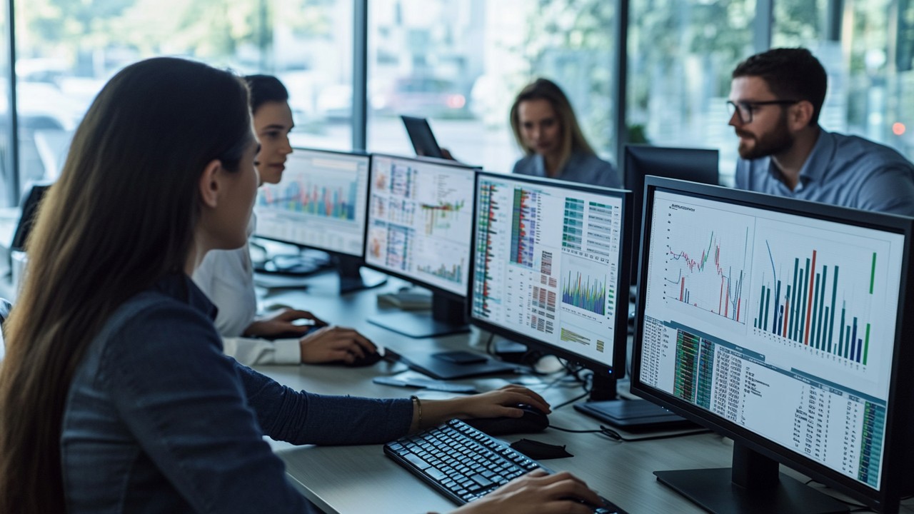 Modern office with diverse professionals analyzing data on multiple computer screens displaying graphs and knowledge graphs, collaborative workspace.
