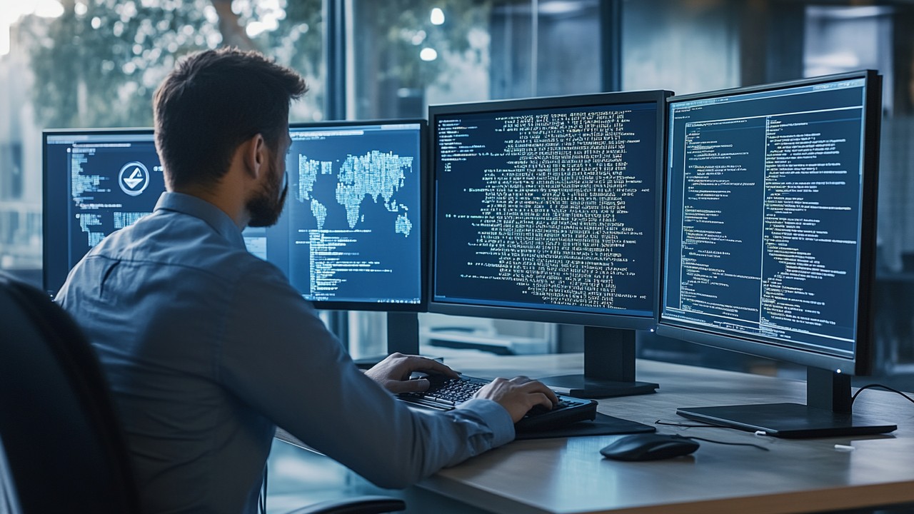 Modern office workspace with a cybersecurity analyst monitoring code and threat alerts on multiple monitors, emphasizing cyber defense.