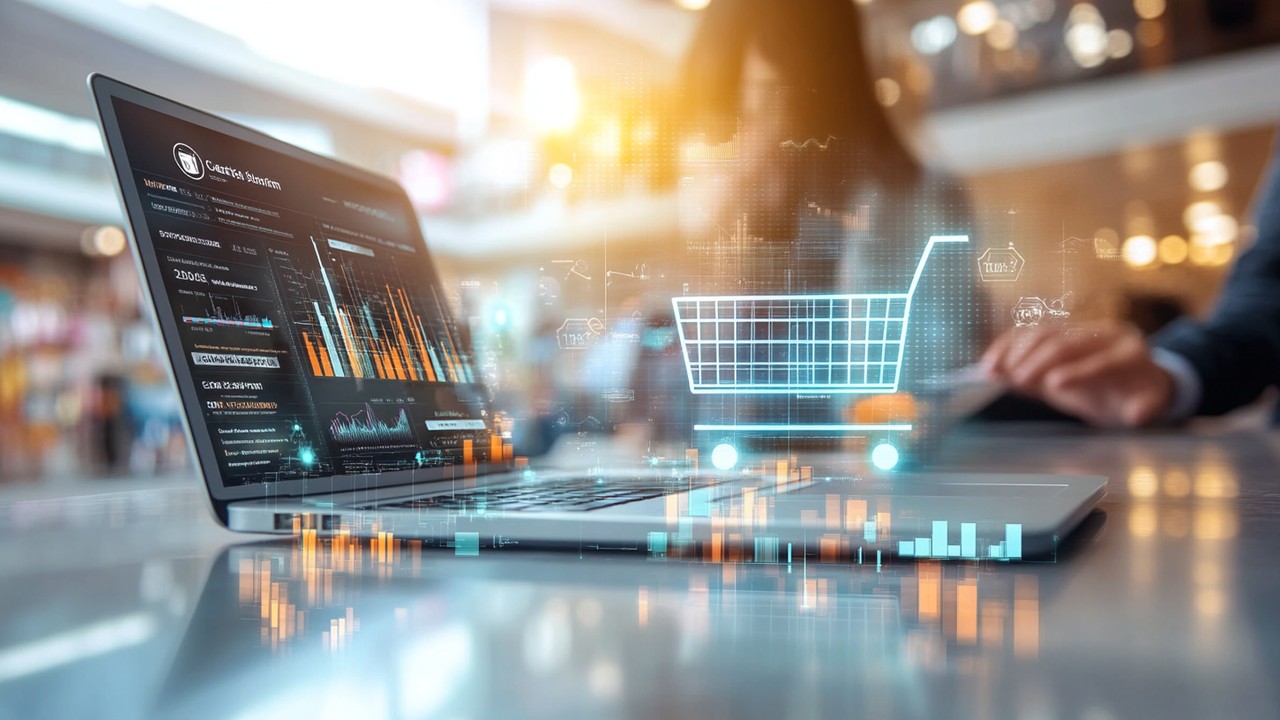 Realistic e-commerce scene of a shopper browsing on a laptop with cart interface, data analytics overlays predicting cart abandonment.
