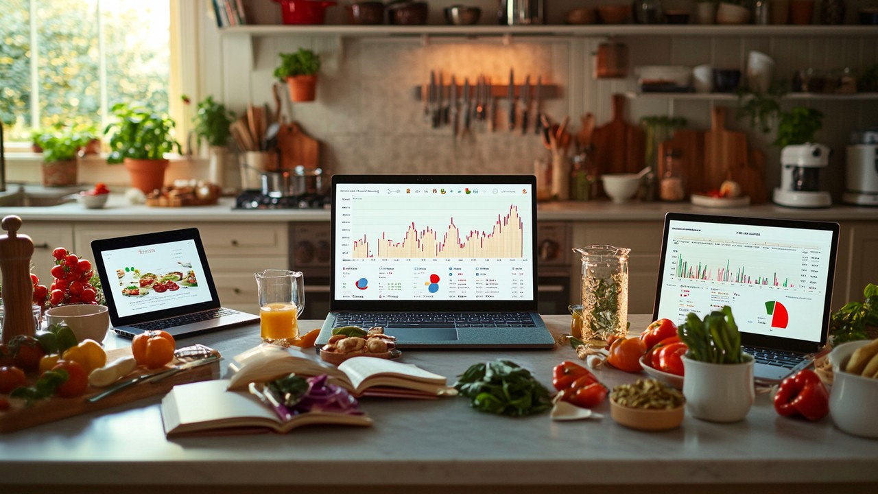 Equipe de conteúdo culinário comemorando sucesso na otimização de SEO, com livros de receitas, laptops com gráficos de tendências e ingredientes frescos na cozinha.